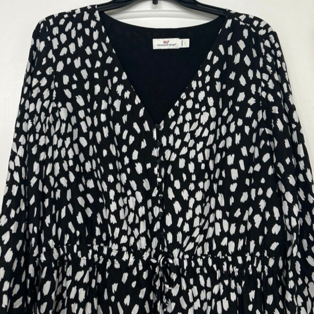 Vineyard Vines Black White Silk Blend Dress Large V Neck Long Sleeve Ruffle Hem - Picture 5 of 16